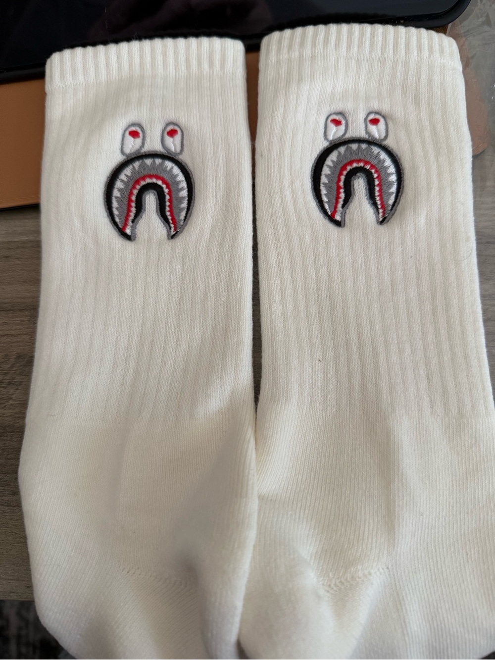 White Crew Athletic Socks with Shark-Mouth Embroidery